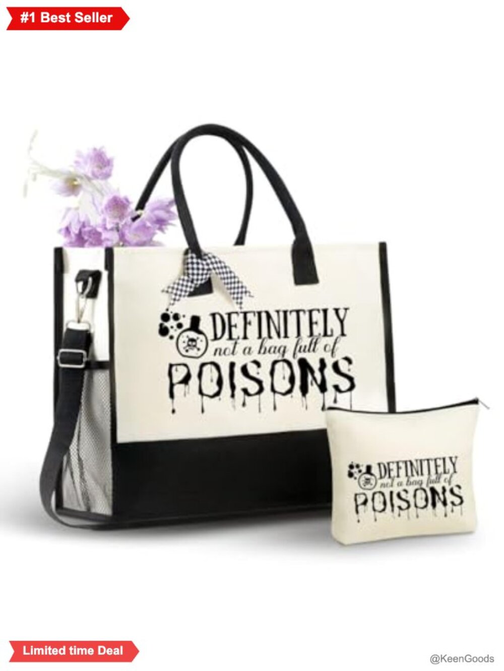 Canvas Tote Bag Set Makeup Pouch Witchy Handbag Zipper Detachable Strap
